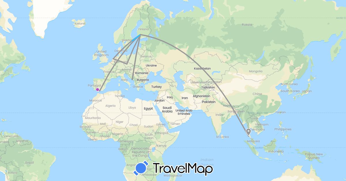TravelMap itinerary: driving, plane, train, boat in Czech Republic, Spain, Finland, Croatia, Netherlands, Sweden, Thailand (Asia, Europe)
